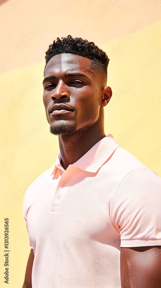 Obraz premium Charming Caribbean man in pastel pink polo shirt looking relaxed