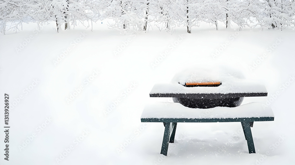 Snow Covered Table and Barbecue Grill in a Winter Garden Landscape with Snow Covered Bushes and Trees in Background on a Cold Overcast Day Snow Covered Table and Barbecue Grill in a Winter Garden Landscape with Snow Covered Bushes and Trees in Background on a Cold Overcast Day