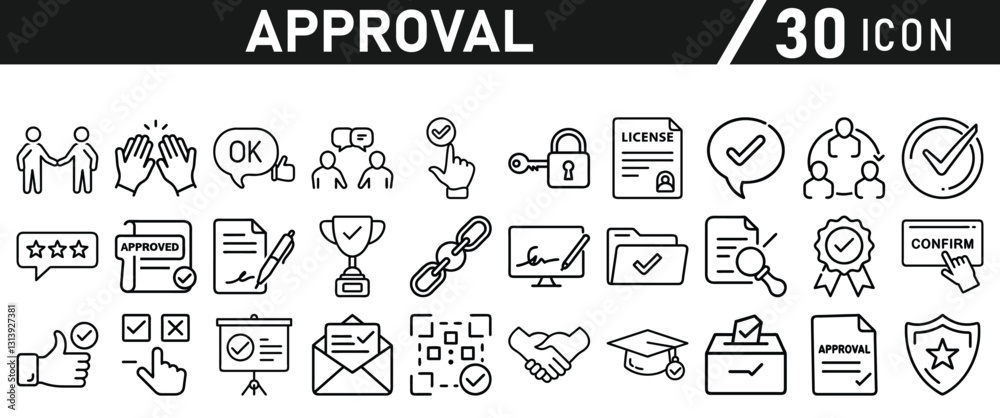 Approve Icons set. Icon for Mobile and Web. Contains icons such as Approve, Agreement, Quality Control, Certificate, Check Mark, Achievement, and Guarantee. Vector illustration Approve Icons set. Icon for Mobile and Web. Contains icons such as Approve, Agreement, Quality Control, Certificate, Check Mark, Achievement, and Guarantee. Vector illustration