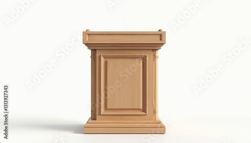 Elegant wooden podium on white background. Classic dais with woodwork details suitable for presentations, formal speeches, ceremonies. Empty lectern enhances gathering with vintage design. Wood