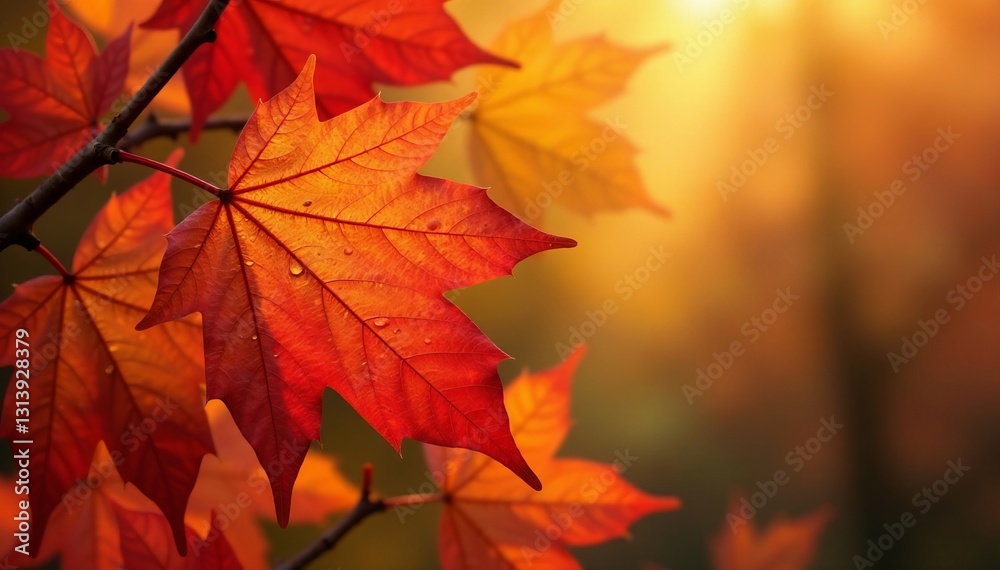 Close-up of autumn maple leaves with water droplets, fall, autumnal, water droplets
