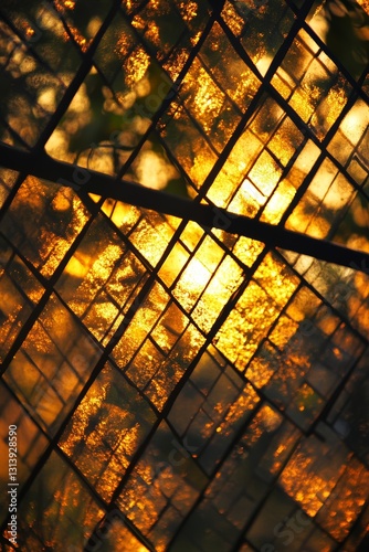 Beautiful warm sunlight filters through decorative glass panels  creating an enchanting play of colors and reflections. Perfect for nature and design themes.