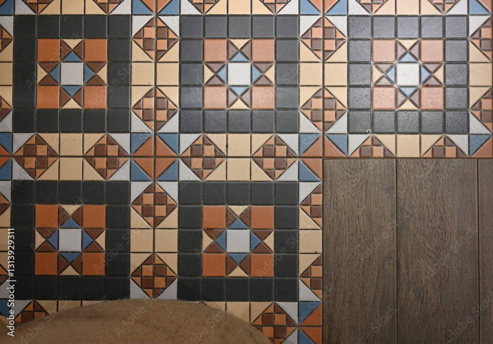 Colorful and intricate tile pattern enhancing a cozy room's atmosphere with wooden accents