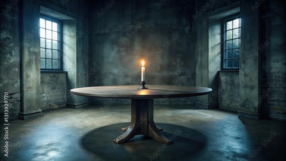Φωτογραφία A solitary candle illuminates a large, dark wooden table in a dimly lit, aged ro