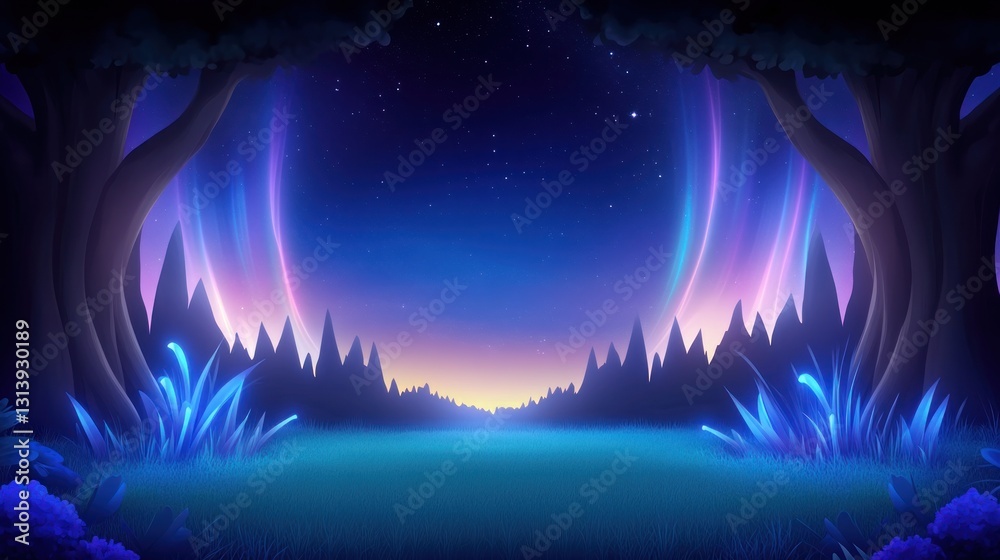 Fototapeta premium Enchanted forest clearing with glowing plants and aurora at twilight, mystical background