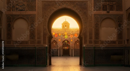 Golden sunrise illuminates ancient mosque architecture beautiful intricate details warm light art photo