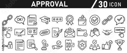 Approve Icons set. Icon for Mobile and Web. Contains icons such as Approve, Agreement, Quality Control, Certificate, Check Mark, Achievement, and Guarantee. Vector illustration