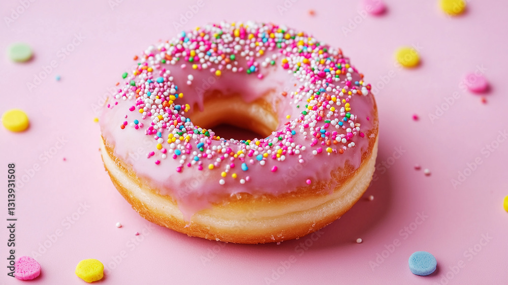 baked donut with pink frosting and colorful sprinkles isolated on pastel background baked donut with pink frosting and colorful sprinkles isolated on pastel background