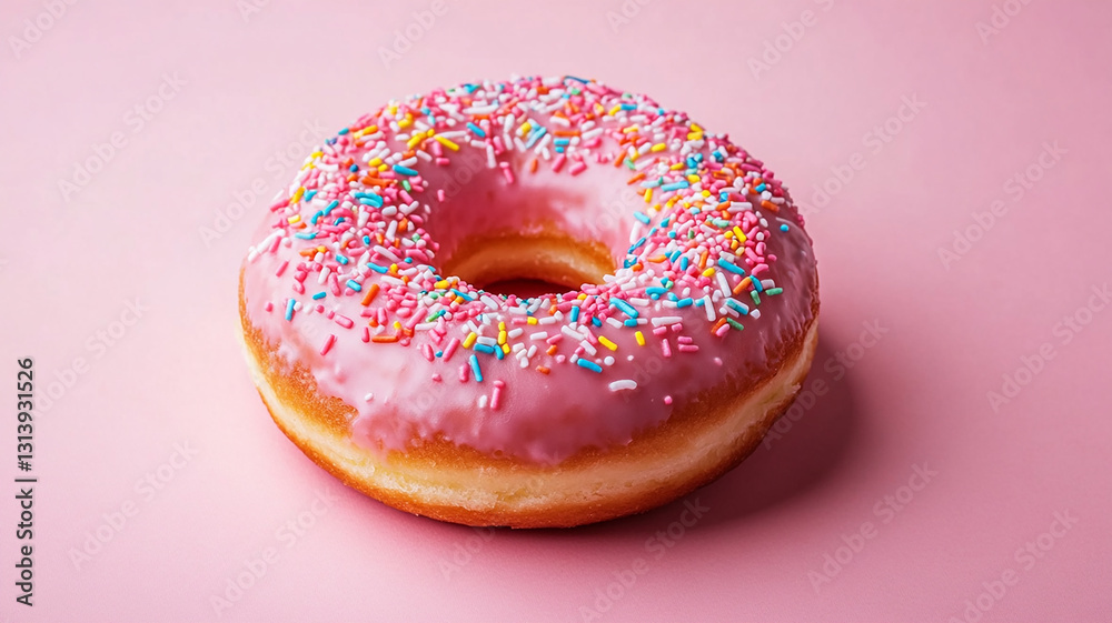 baked donut with pink frosting and colorful sprinkles isolated on pastel background baked donut with pink frosting and colorful sprinkles isolated on pastel background