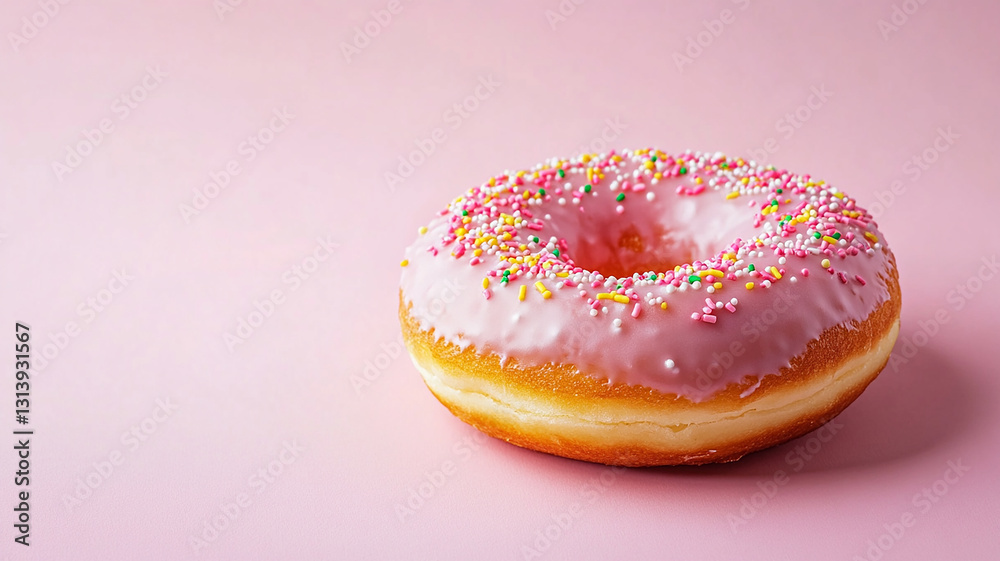 baked donut with pink frosting and colorful sprinkles isolated on pastel background baked donut with pink frosting and colorful sprinkles isolated on pastel background