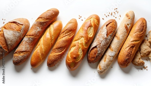 Various baked goods composition. French baguette, sourdough bread, whole grains. Fresh organic bakery products assortment on transparent background. Home baking and cooking concept.