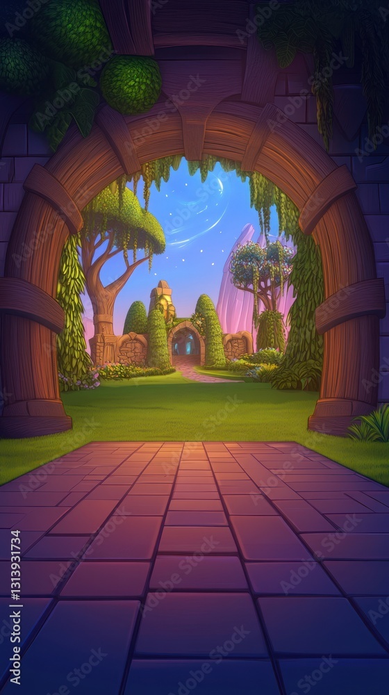 Fototapeta premium Enchanted garden vista through stone archway. Evening sky with trees, hills, and path in the distance