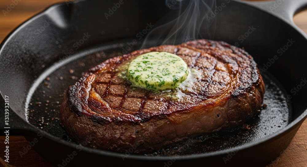 Fototapeta premium Steaming Ribeye Steak with Herb Butter Cooking in Cast Iron Pan