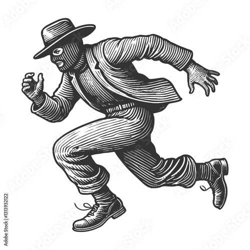 masked thief in a suit and hat running with a briefcase, classic engraving style sketch engraving generative ai fictional character vector illustration. Scratch board imitation. Black and white image.