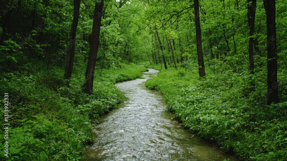 Serene Green Landscape with Flowing River in Lush Forest Environment Serene Green Landscape with Flowing River in Lush Forest Environment
