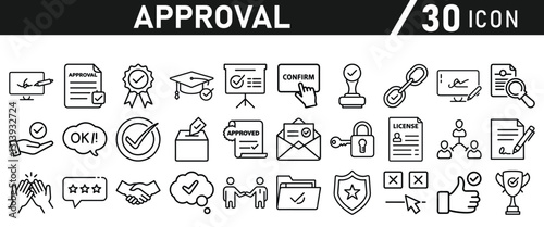 Approve Icons set. Icon for Mobile and Web. Contains icons such as Approve, Agreement, Quality Control, Certificate, Check Mark, Achievement, and Guarantee. Vector illustration