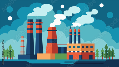 The exhaust pipes of the thermal power station emit a constant roar signaling the continuous production of energy from the combustion of fossil fuels.. Vector illustration