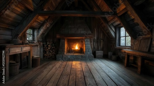 Cozy rustic cabin interior with warm fireplace and wooden elements