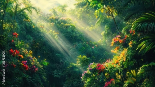 Sunlight streams through vibrant tropical jungle