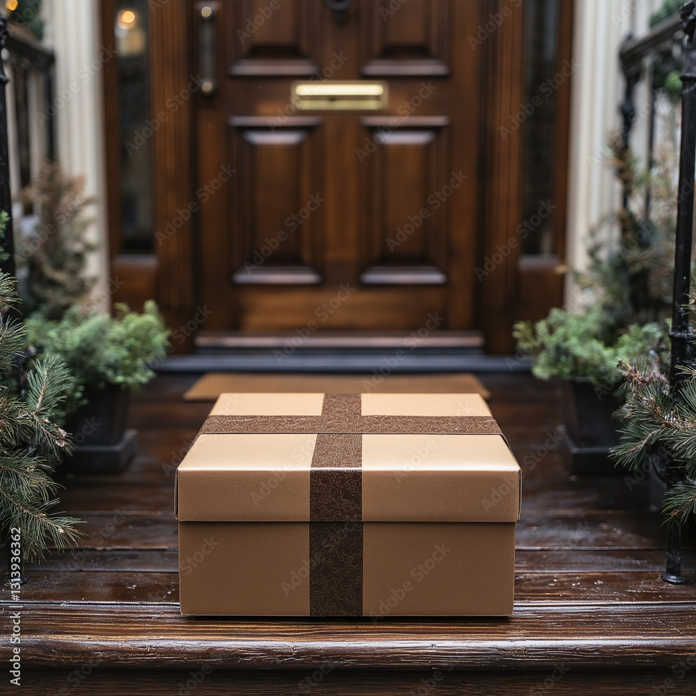 A minimal brown package sits at the doorstep, highlighted by surrounding green plants. The wooden porch adds charm to the delivery's presentation during daytime A minimal brown package sits at the doorstep, highlighted by surrounding green plants. The wooden porch adds charm to the delivery's presentation during daytime