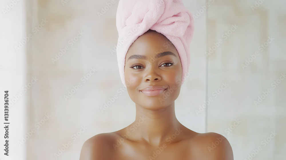 Beautiful African American woman with radiant skin and towel wrap relaxing Beautiful African American woman with radiant skin and towel wrap relaxing