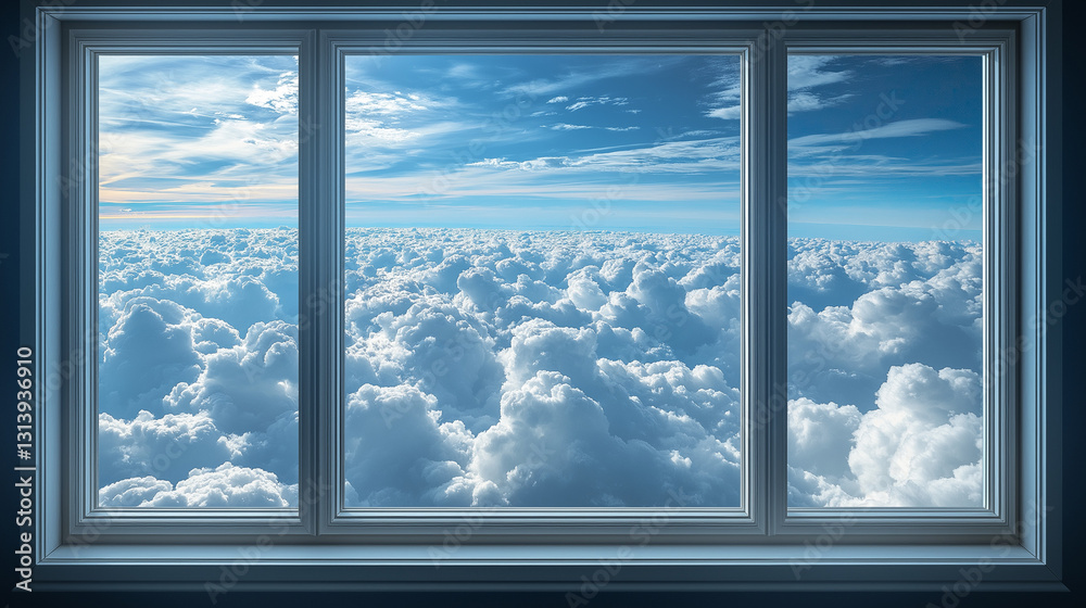 Fototapeta premium A wide open window offers a stunning view of a sea of fluffy white clouds beneath a vibrant blue sky. The sunlight enhances the serene atmosphere, creating a peaceful scene