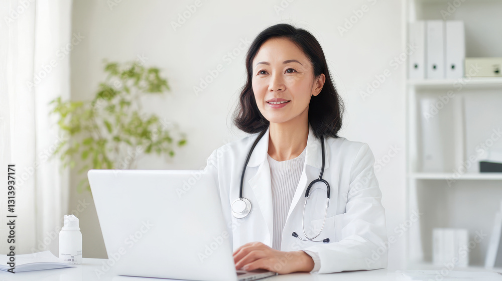 Asian doctor providing online consultation at office with laptop and stethoscope Asian doctor providing online consultation at office with laptop and stethoscope