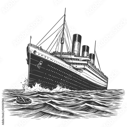 classic vintage ocean liner with smokestacks, surrounded by flying seagulls sketch engraving generative ai vector illustration. Scratch board imitation. Black and white image.