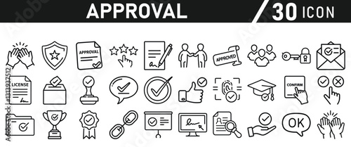 Approve Icons set. Icon for Mobile and Web. Contains icons such as Approve, Agreement, Quality Control, Certificate, Check Mark, Achievement, and Guarantee. Vector illustration