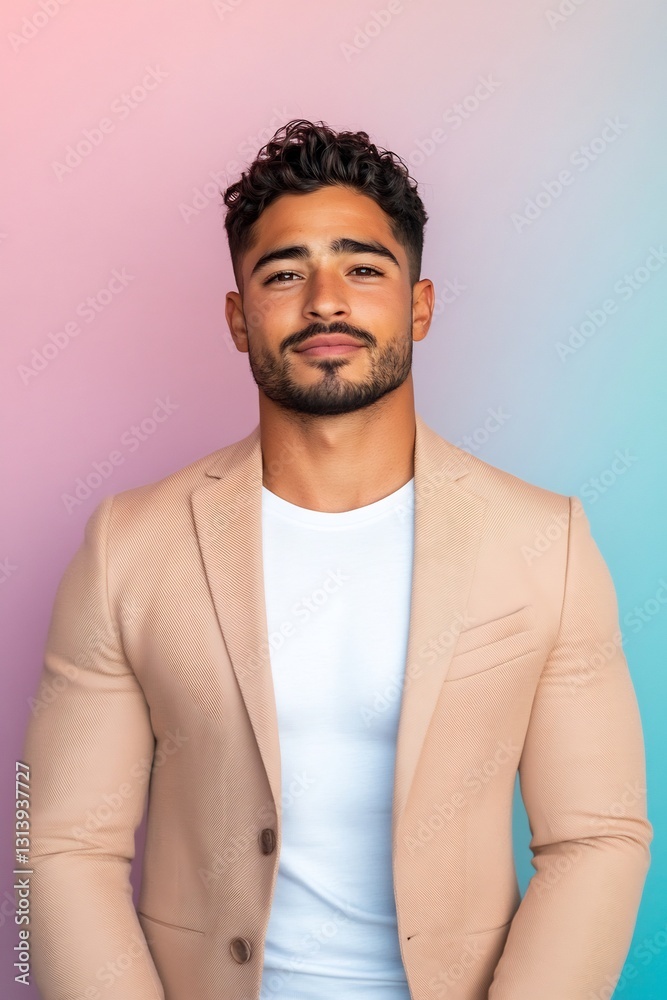 Fototapeta premium Stylish Middle Eastern man in pastel beige blazer smirking