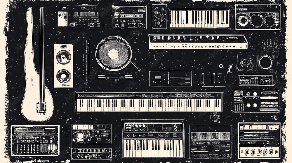 Fototapeta premium Vintage Music Production Console with Analog Synthesizers and Audio Control Knobs