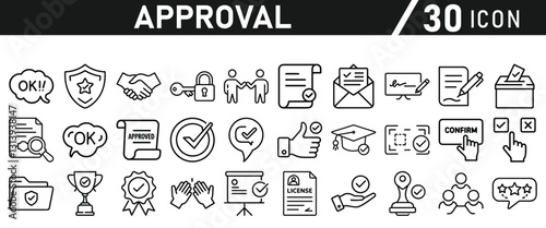 Approve Icons set. Icon for Mobile and Web. Contains icons such as Approve, Agreement, Quality Control, Certificate, Check Mark, Achievement, and Guarantee. Vector illustration
