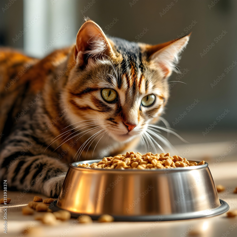 Cat enjoying stainless steel bowl with chicken dry food for balanced nutrition