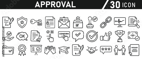 Approve Icons set. Icon for Mobile and Web. Contains icons such as Approve, Agreement, Quality Control, Certificate, Check Mark, Achievement, and Guarantee. Vector illustration