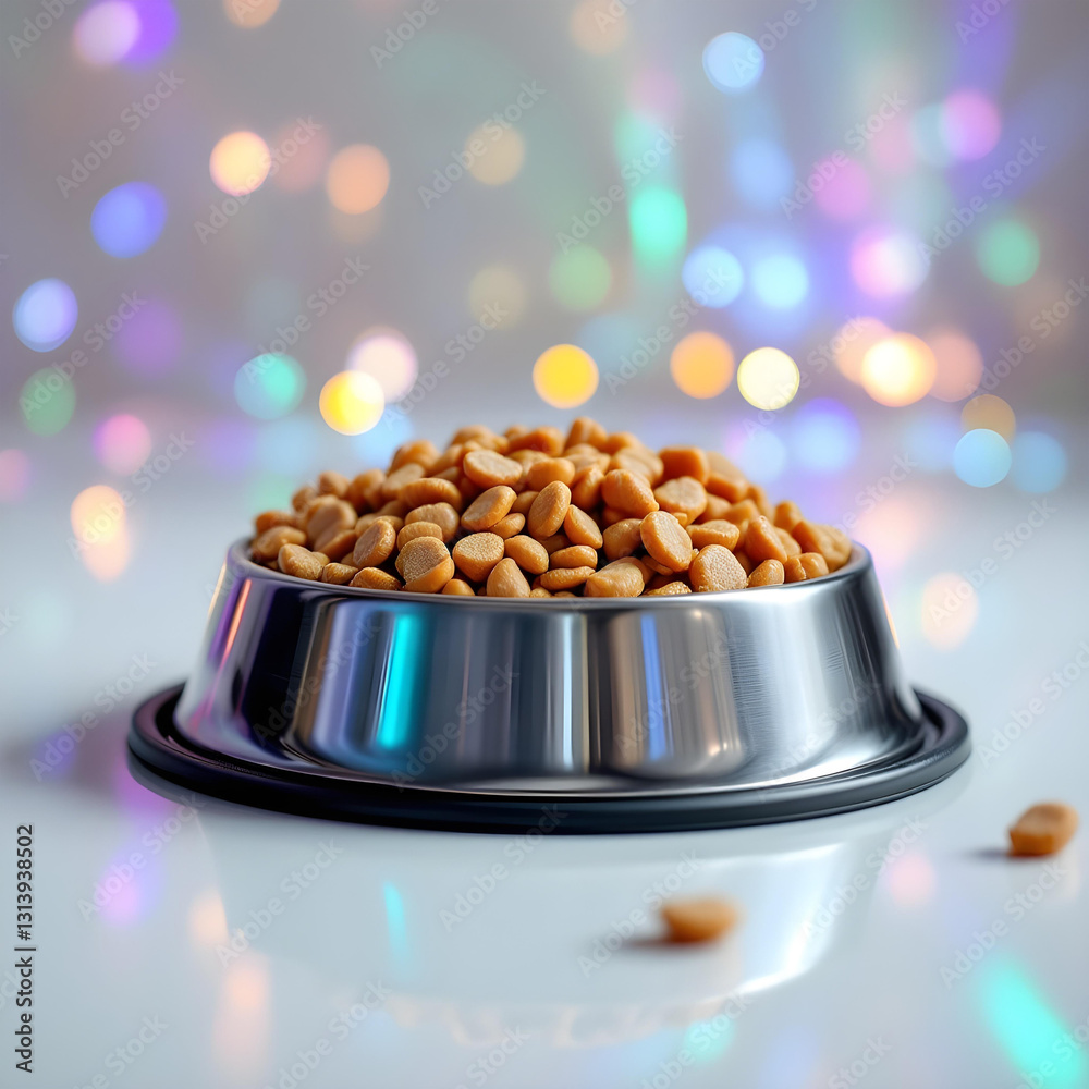 Stainless steel bowl with chicken dry cat food for balanced nutrition on colorful with bokeh background