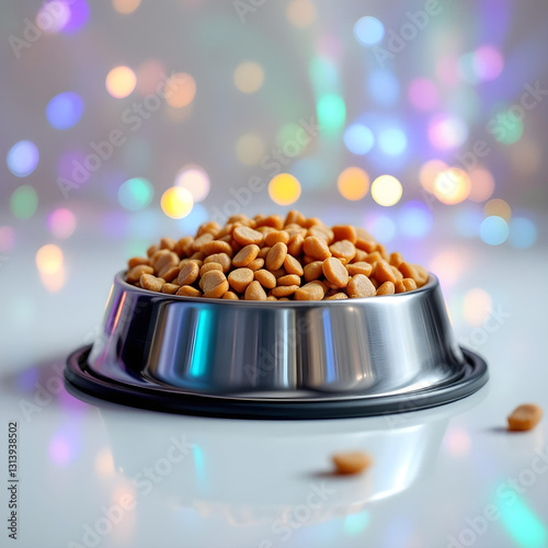 Obraz na płótnie Stainless steel bowl with chicken dry cat food for balanced nutrition on colorful with bokeh background w salonie