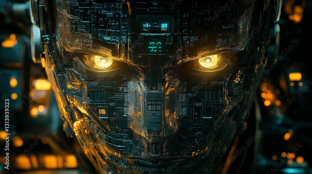 Digital glitch robot face, facing the camera, intensive eyes, deep and intensive