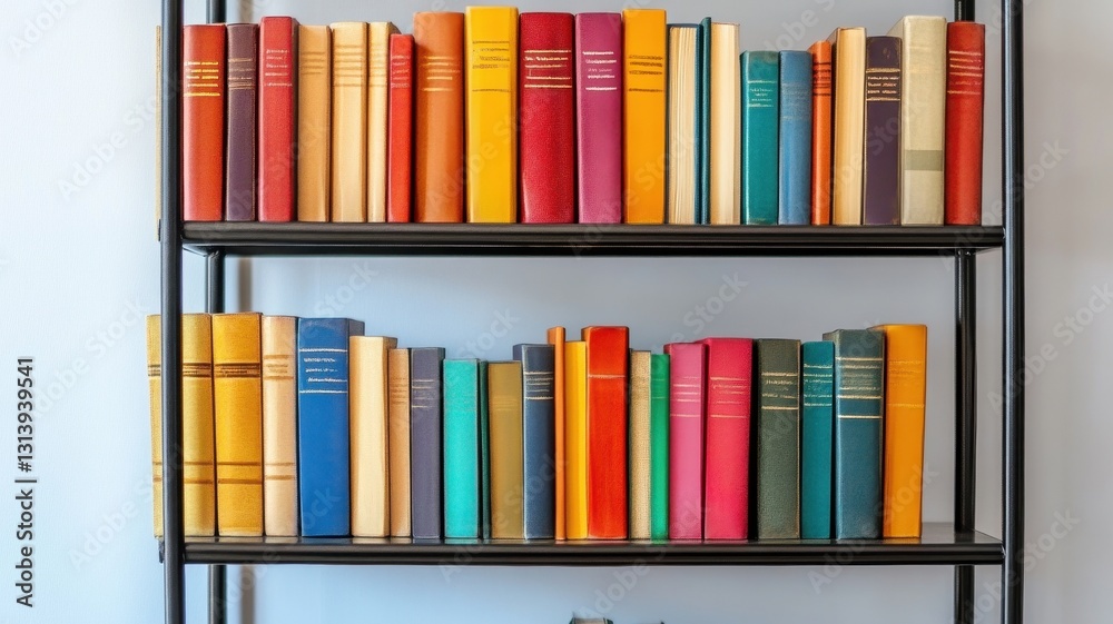 Stylish black metal bookshelf brimming with colorful books, set against a clean white backdrop for a modern touch. Stylish black metal bookshelf brimming with colorful books, set against a clean white backdrop for a modern touch.