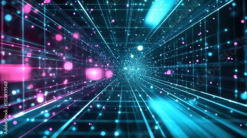 Futuristic digital tunnel with glowing lines and particles