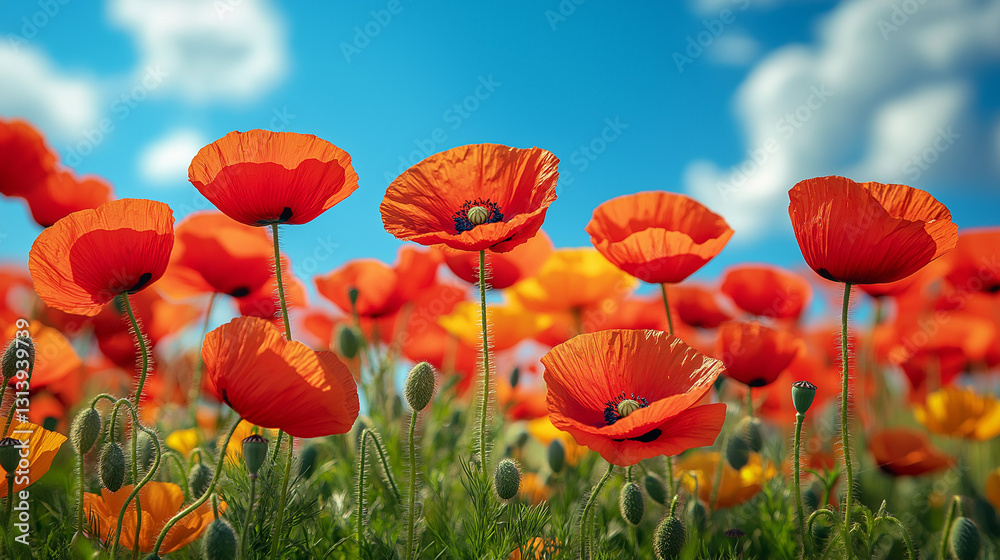 Obraz premium Bright red poppies sway gently in the breeze under a clear blue sky. Fluffy white clouds contrast beautifully with the vivid flowers, creating a serene atmosphere in a natural landscape
