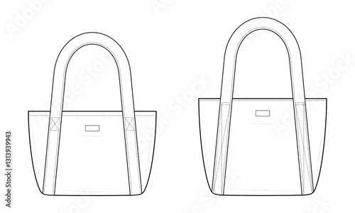 Structured Tall Tote Bag Technical Fashion Illustration. Modern Handbag Vector Template. Front and Back View. Long Handles. Spacious and Stylish. Women’s Accessories. CAD Mockup set.