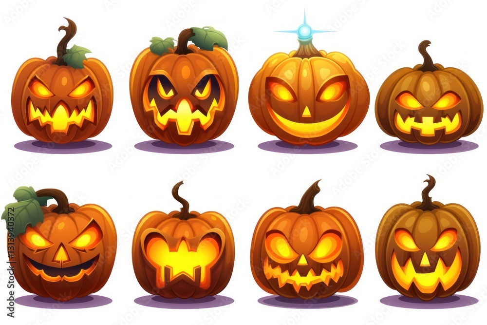 A Collection of Eight Jack-o'-Lanterns with Distinct Facial Expressions A Collection of Eight Jack-o'-Lanterns with Distinct Facial Expressions