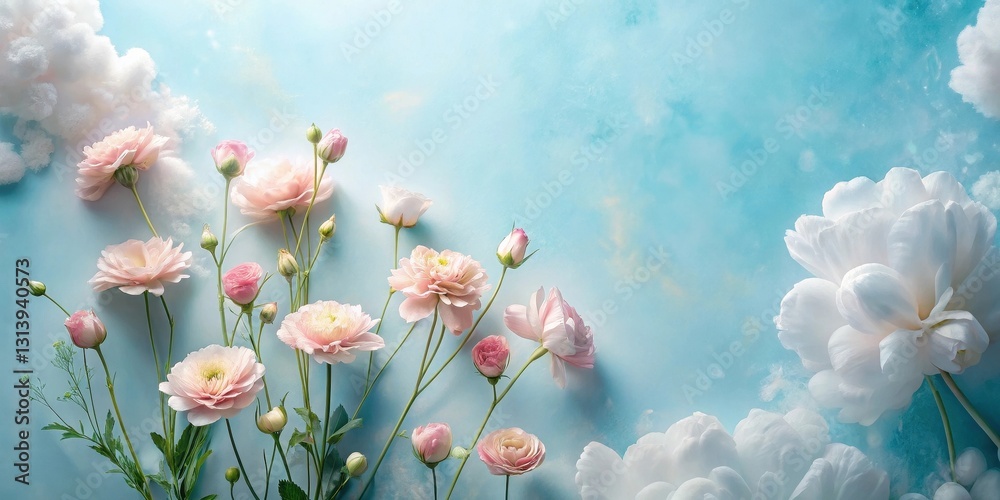 Obraz premium Delicate Pastel Blooms Floating Amongst Soft Clouds on a Sky Blue Background