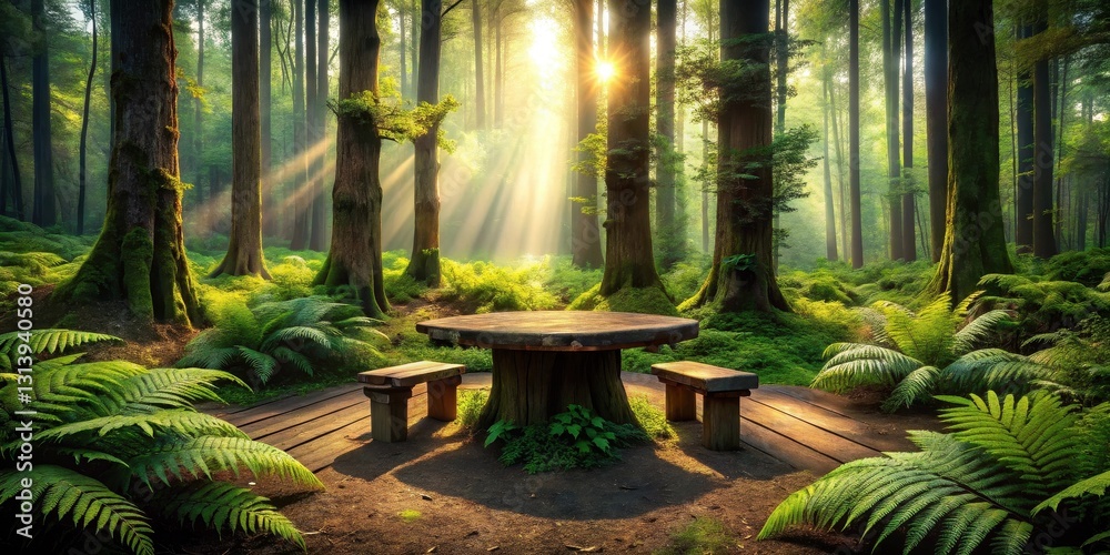 Φωτογραφία Serene woodland scene featuring a rustic table and benches bathed in the golden light of sunrise, surrounded by lush ferns and moss-covered ancient trees