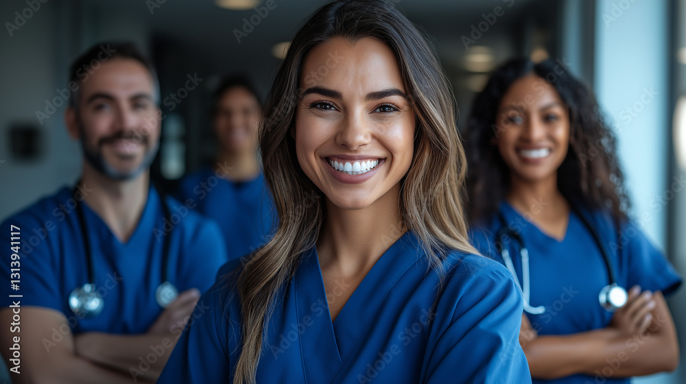 Fototapeta premium A team of doctors and nurses stands together in a well-lit hospital corridor, all smiling warmly. Their camaraderie reflects their commitment to patient care and teamwork