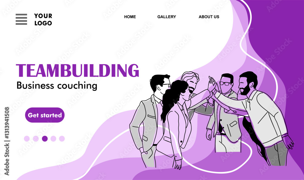 Teambuilding business couching concept landing page. Website template with business team members, men and women celebrating success. Flat graphic outline vector illustration in trendy purple colors.