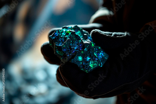 Close-Up of Miner's Hands Holding Rare Earth Metal Ore with Natural Texture and Mineral Deposits photo
