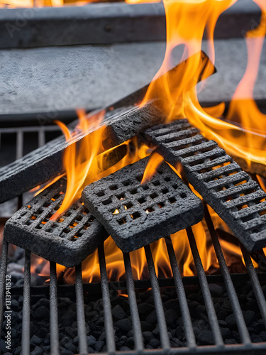A close-up of flames burning over a metal grate, creating an inviting atmosphere.