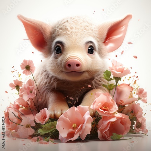Wallpaper Mural A Delicate Portrait of a Piglet Amidst a Bouquet of Pink Flowers Torontodigital.ca