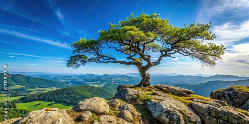 A solitary tree, its branches reaching out, stands majestically atop a rocky outcrop, overlooking a vast panorama of rolling hills and valleys under a vibrant sky. A solitary tree, its branches reaching out, stands majestically atop a rocky outcrop, overlooking a vast panorama of rolling hills and valleys under a vibrant sky.